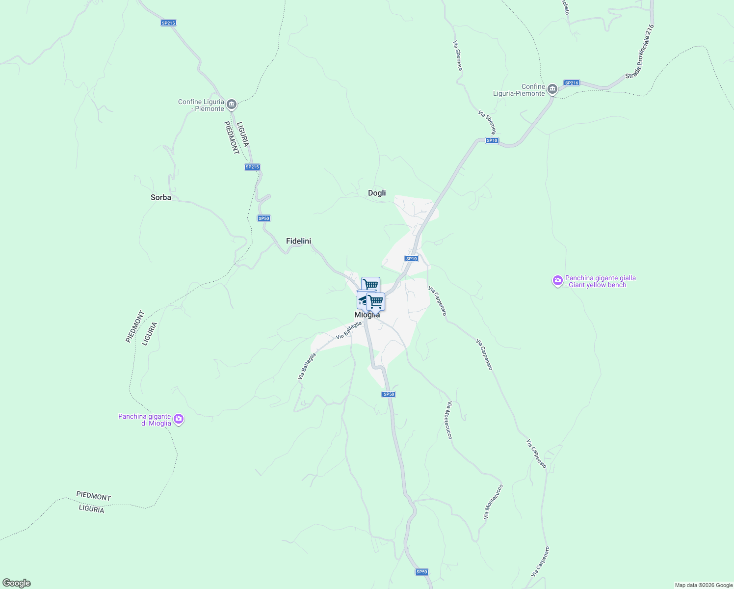 map of restaurants, bars, coffee shops, grocery stores, and more near 24 Via Anlera in Mioglia