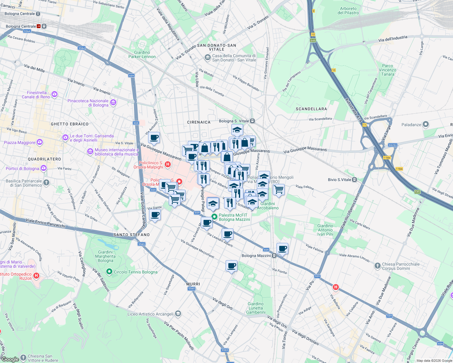 map of restaurants, bars, coffee shops, grocery stores, and more near 20 Via Antonio Bondi in Bologna