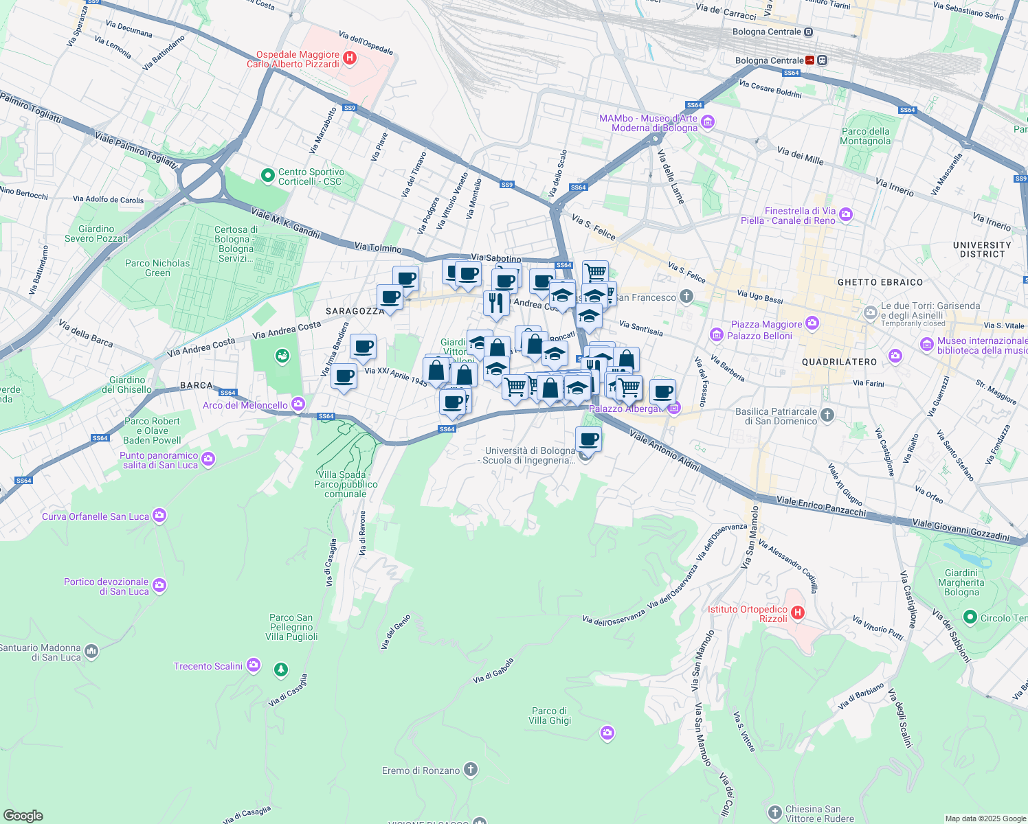 map of restaurants, bars, coffee shops, grocery stores, and more near 130 Via Saragozza in Bologna