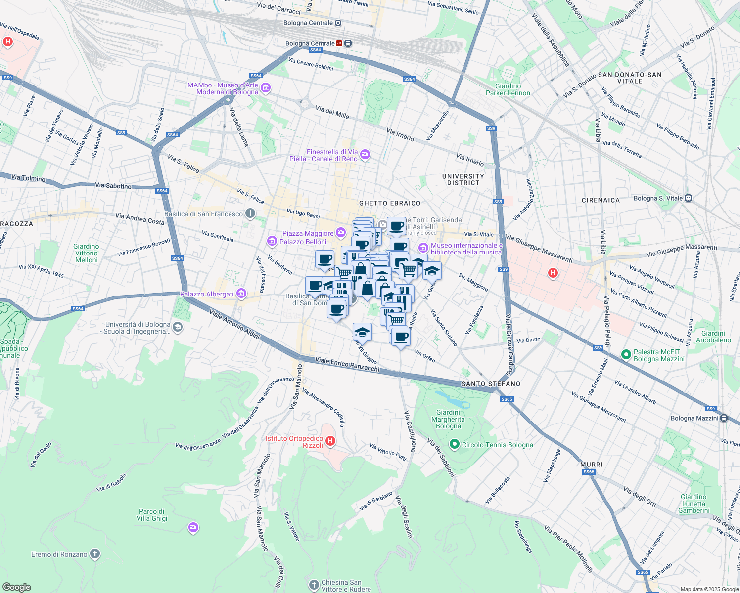 map of restaurants, bars, coffee shops, grocery stores, and more near 2 Vicolo dell'Orto in Bologna