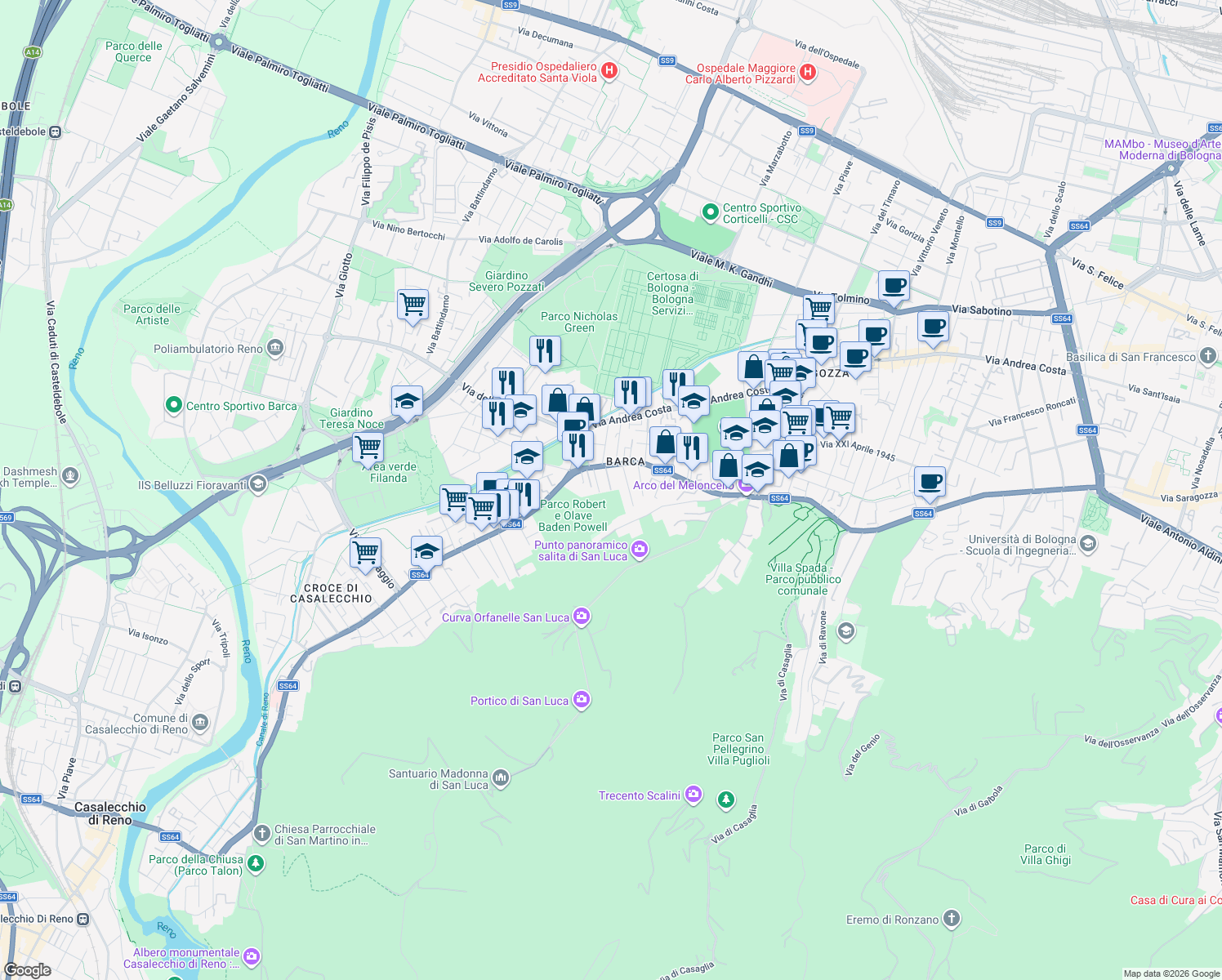 map of restaurants, bars, coffee shops, grocery stores, and more near 148 Via Porrettana in Bologna
