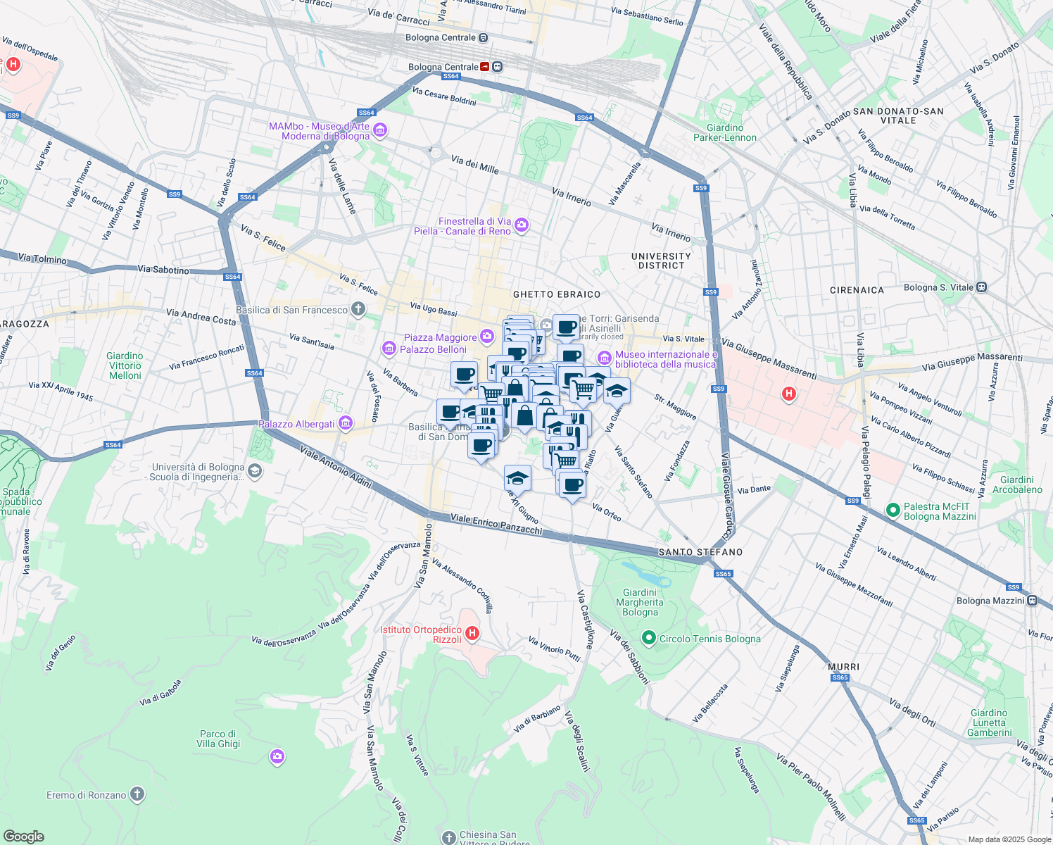 map of restaurants, bars, coffee shops, grocery stores, and more near 2 Vicolo dell'Orto in Bologna