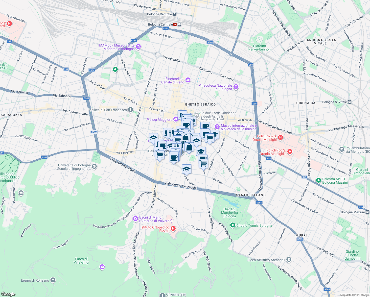 map of restaurants, bars, coffee shops, grocery stores, and more near 3 Piazza San Domenico in Bologna