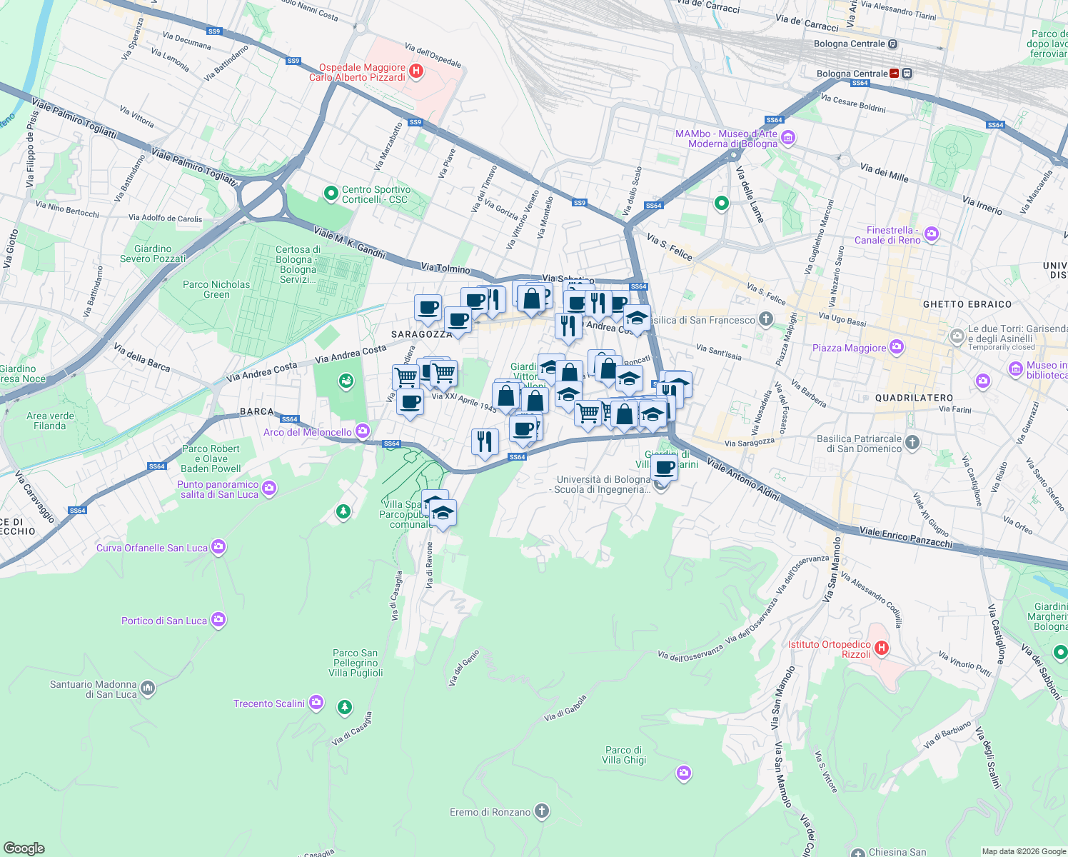 map of restaurants, bars, coffee shops, grocery stores, and more near 139 Via Filippo Turati in Bologna