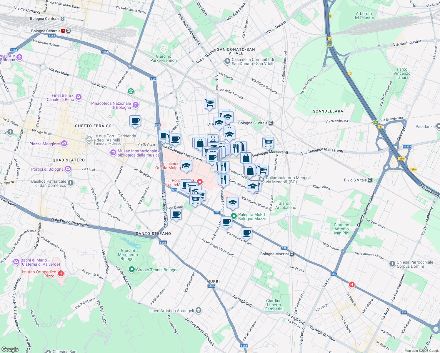 map of restaurants, bars, coffee shops, grocery stores, and more near 8 Via Carlo Alberto Pizzardi in Bologna