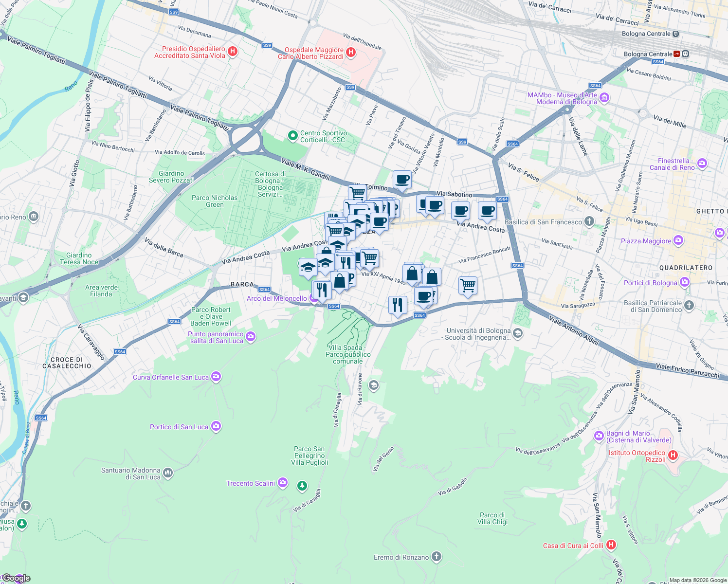 map of restaurants, bars, coffee shops, grocery stores, and more near 20 Via Mario Bastia in Bologna