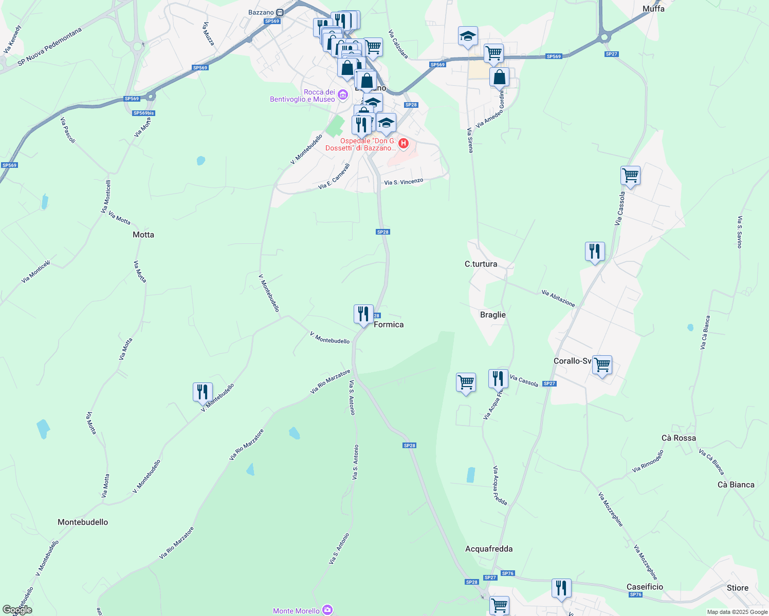 map of restaurants, bars, coffee shops, grocery stores, and more near Strada Provinciale 28 in Bologna