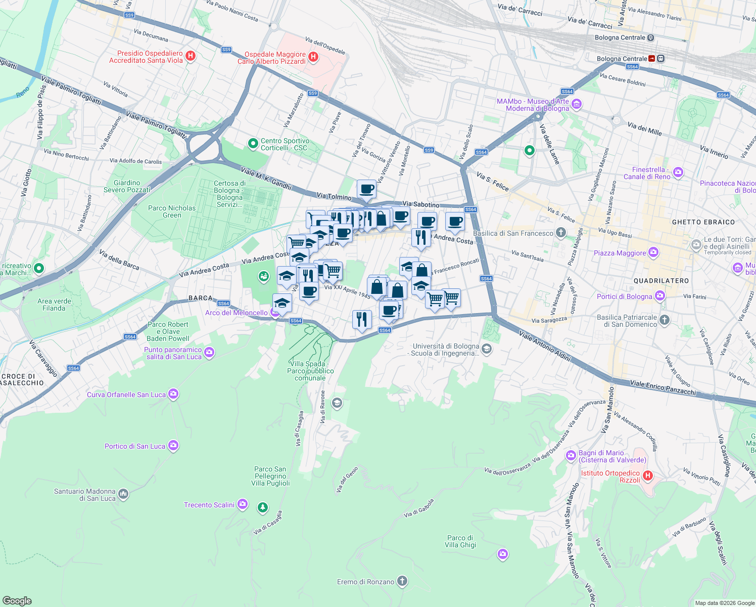 map of restaurants, bars, coffee shops, grocery stores, and more near 12 Via XXI Aprile 1945 in Bologna