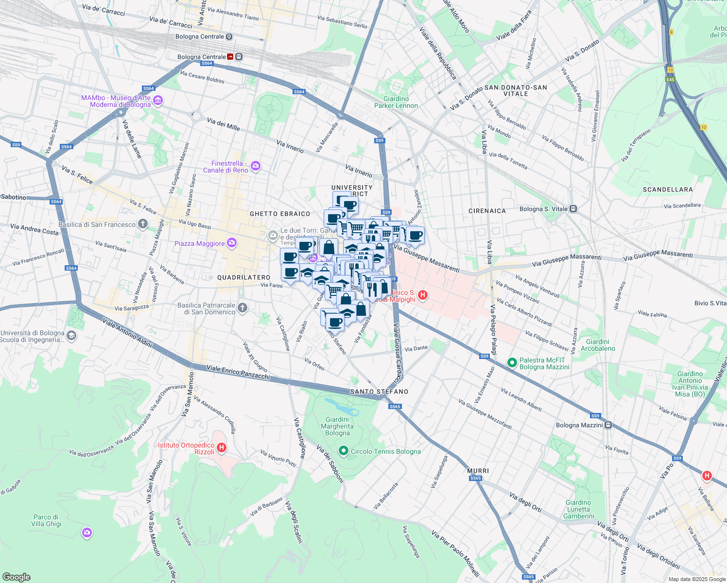 map of restaurants, bars, coffee shops, grocery stores, and more near 1 Vicolo Borchetta in Bologna