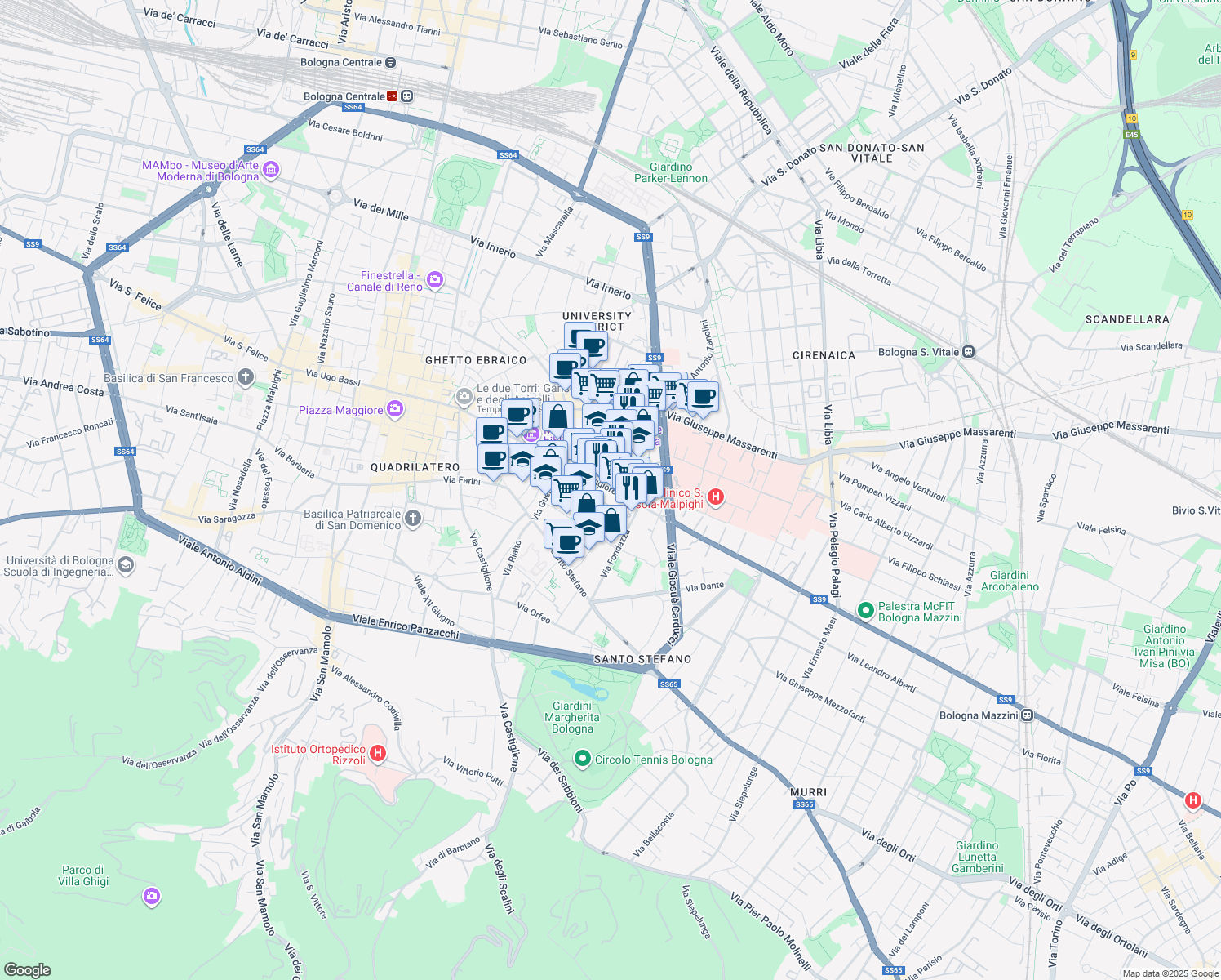 map of restaurants, bars, coffee shops, grocery stores, and more near 1 Vicolo Borchetta in Bologna