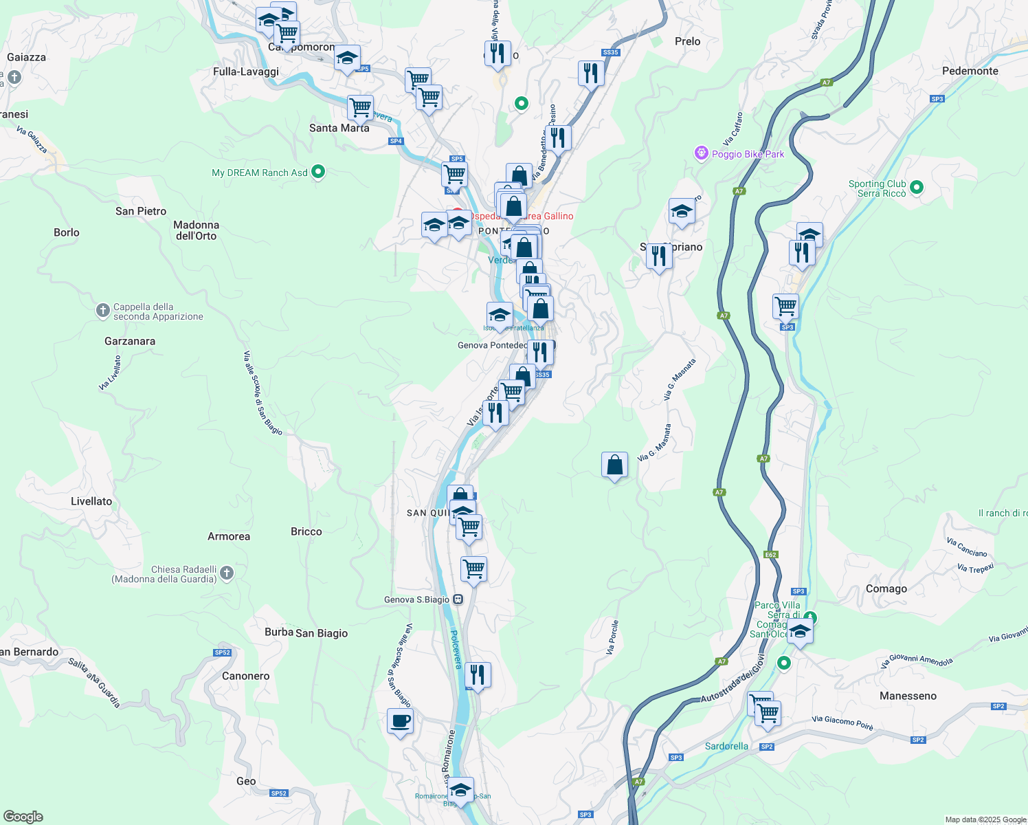 map of restaurants, bars, coffee shops, grocery stores, and more near 28 Via Paolo Anfossi in Genova