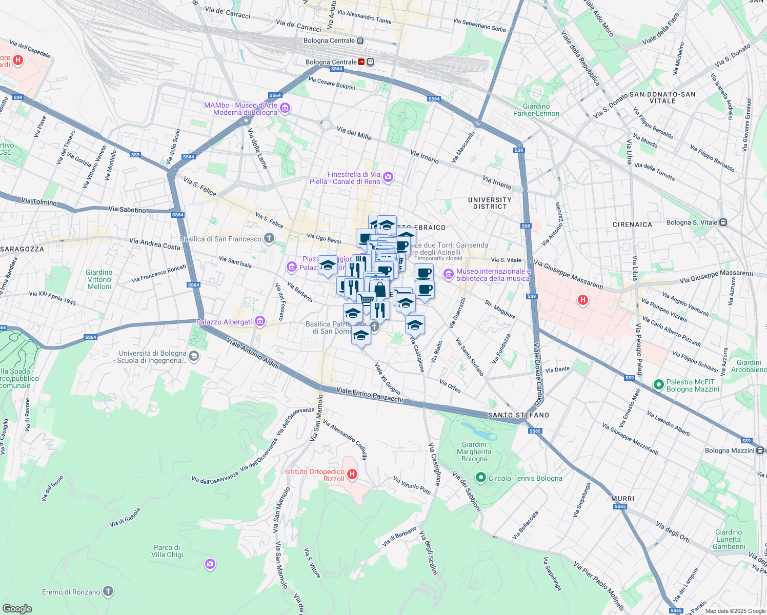map of restaurants, bars, coffee shops, grocery stores, and more near 3A Piazza Minghetti in Bologna