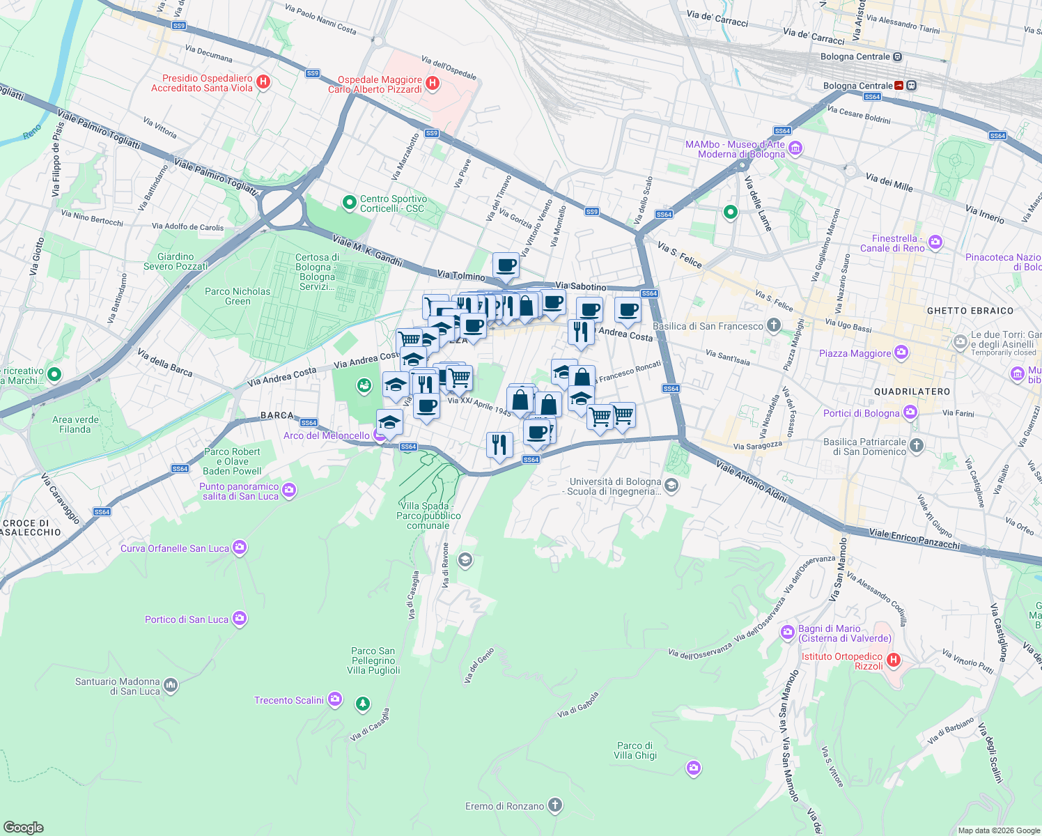 map of restaurants, bars, coffee shops, grocery stores, and more near 8-12 Via XXI Aprile 1945 in Bologna