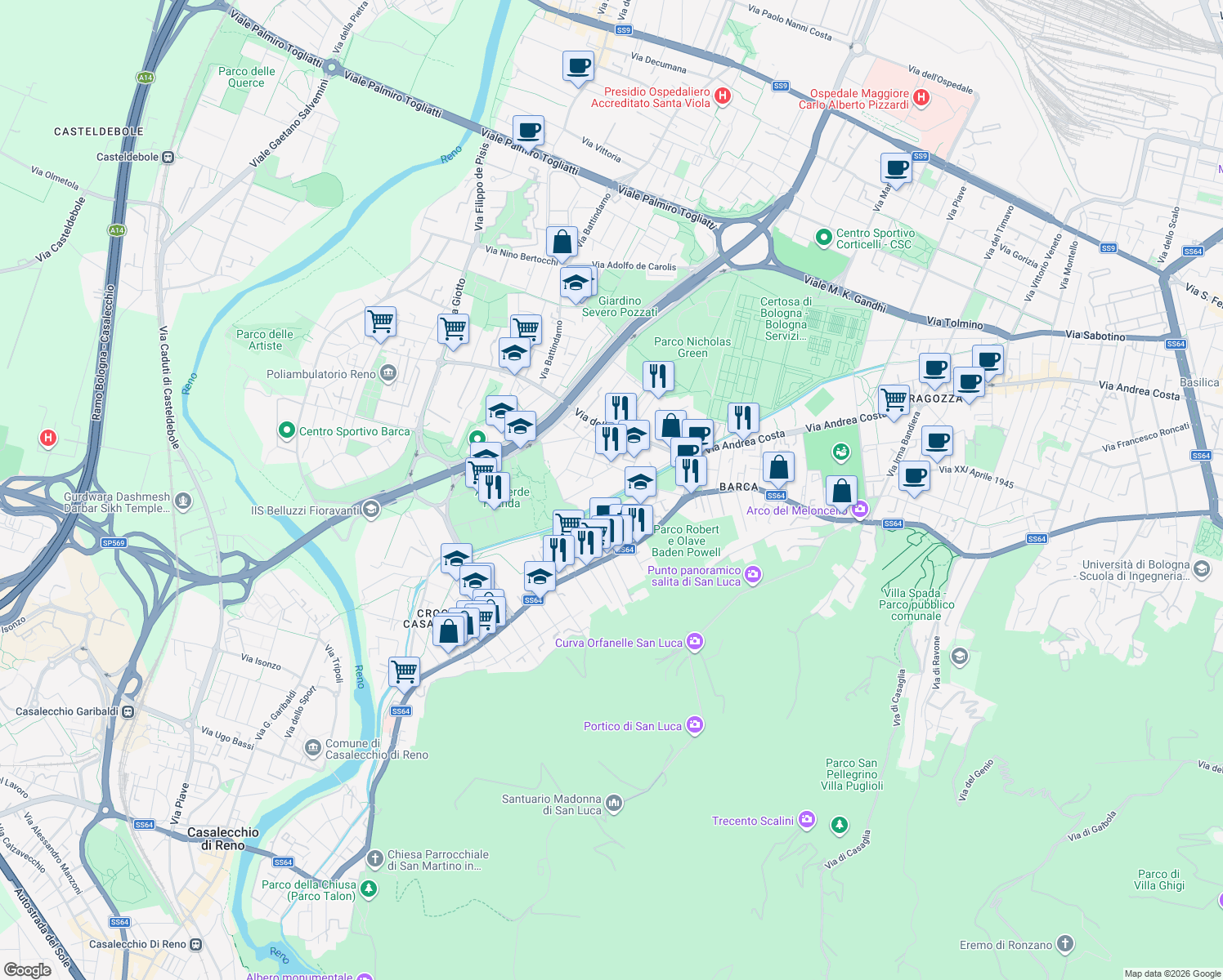 map of restaurants, bars, coffee shops, grocery stores, and more near 17 Via Giovanni Crocioni in Bologna