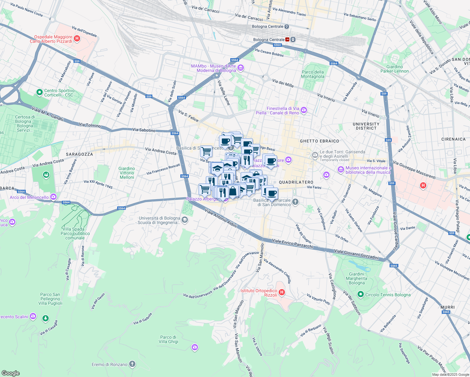 map of restaurants, bars, coffee shops, grocery stores, and more near 9 Via Senzanome in Bologna