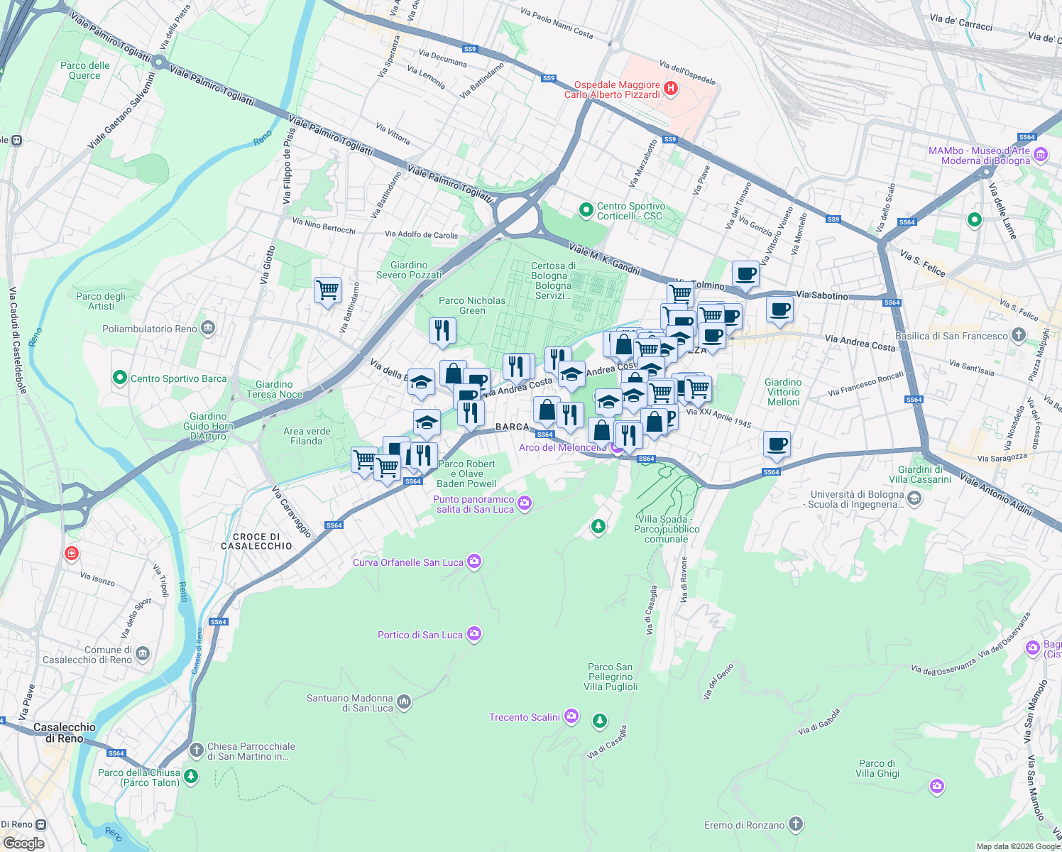 map of restaurants, bars, coffee shops, grocery stores, and more near 91 Via Porrettana in Bologna