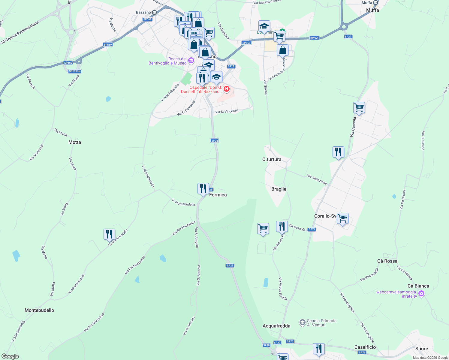 map of restaurants, bars, coffee shops, grocery stores, and more near 64 Via Monteveglio in Città Metropolitana di Bologna