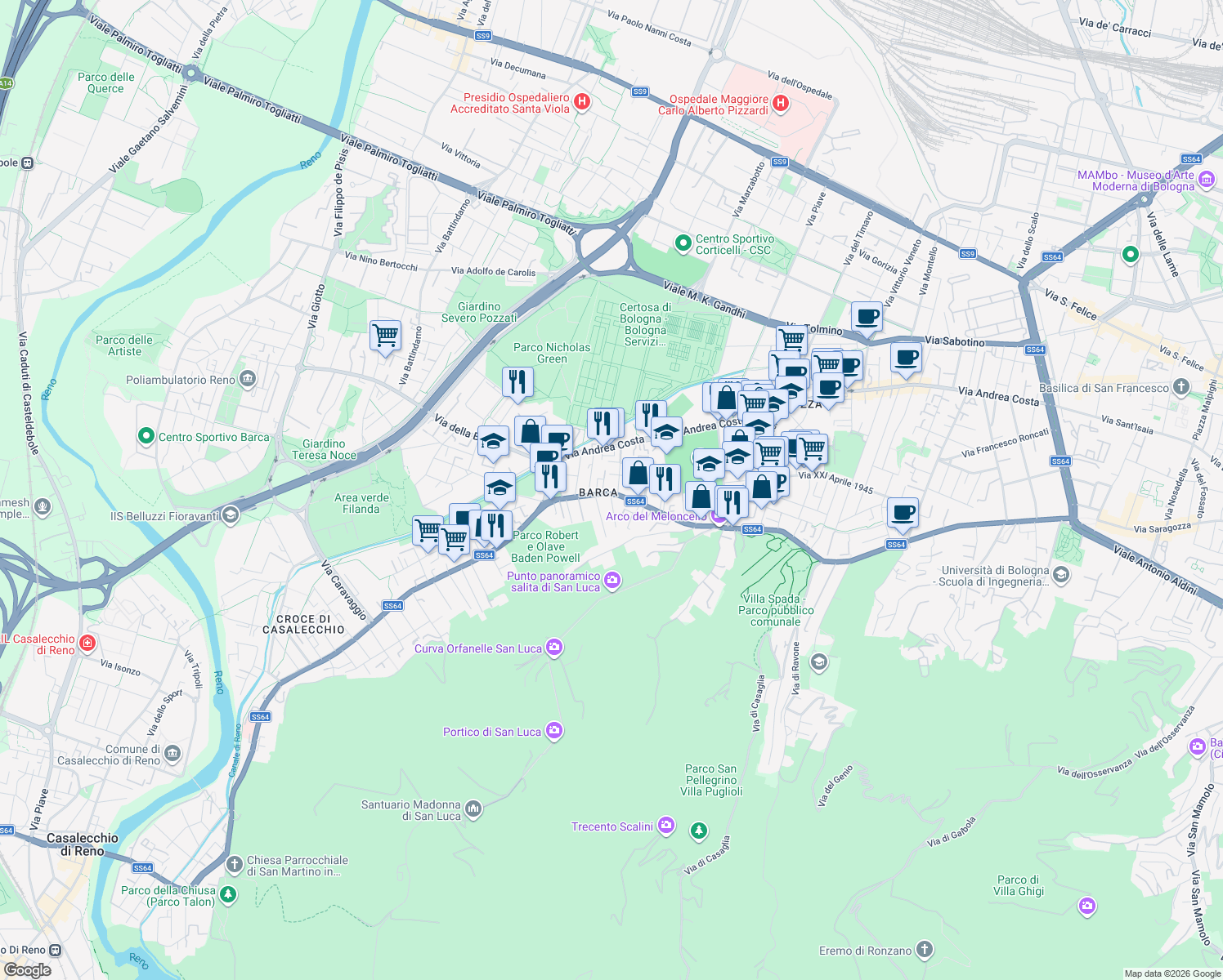 map of restaurants, bars, coffee shops, grocery stores, and more near 91 Via Porrettana in Bologna