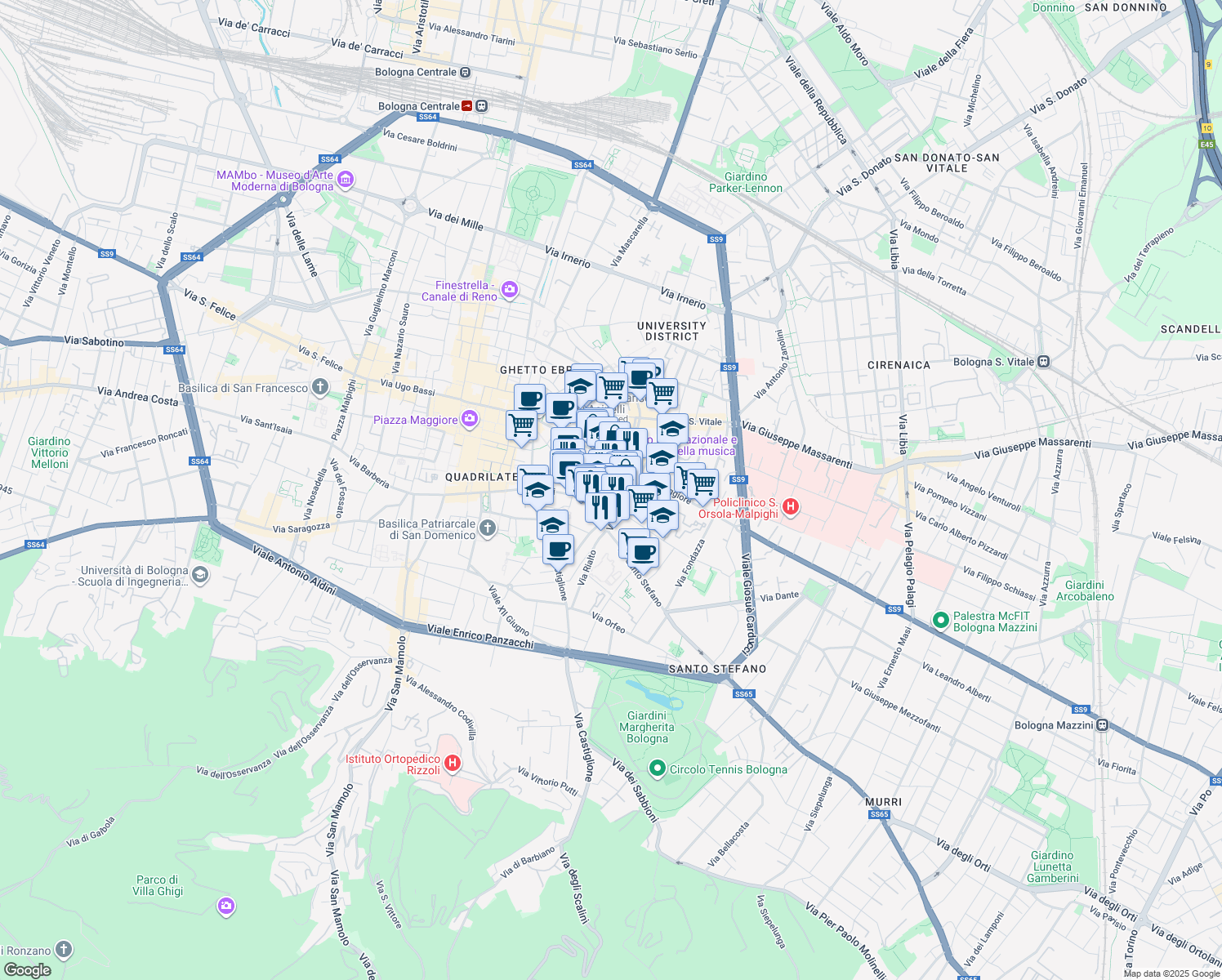 map of restaurants, bars, coffee shops, grocery stores, and more near 8 Via Borgonuovo in Bologna