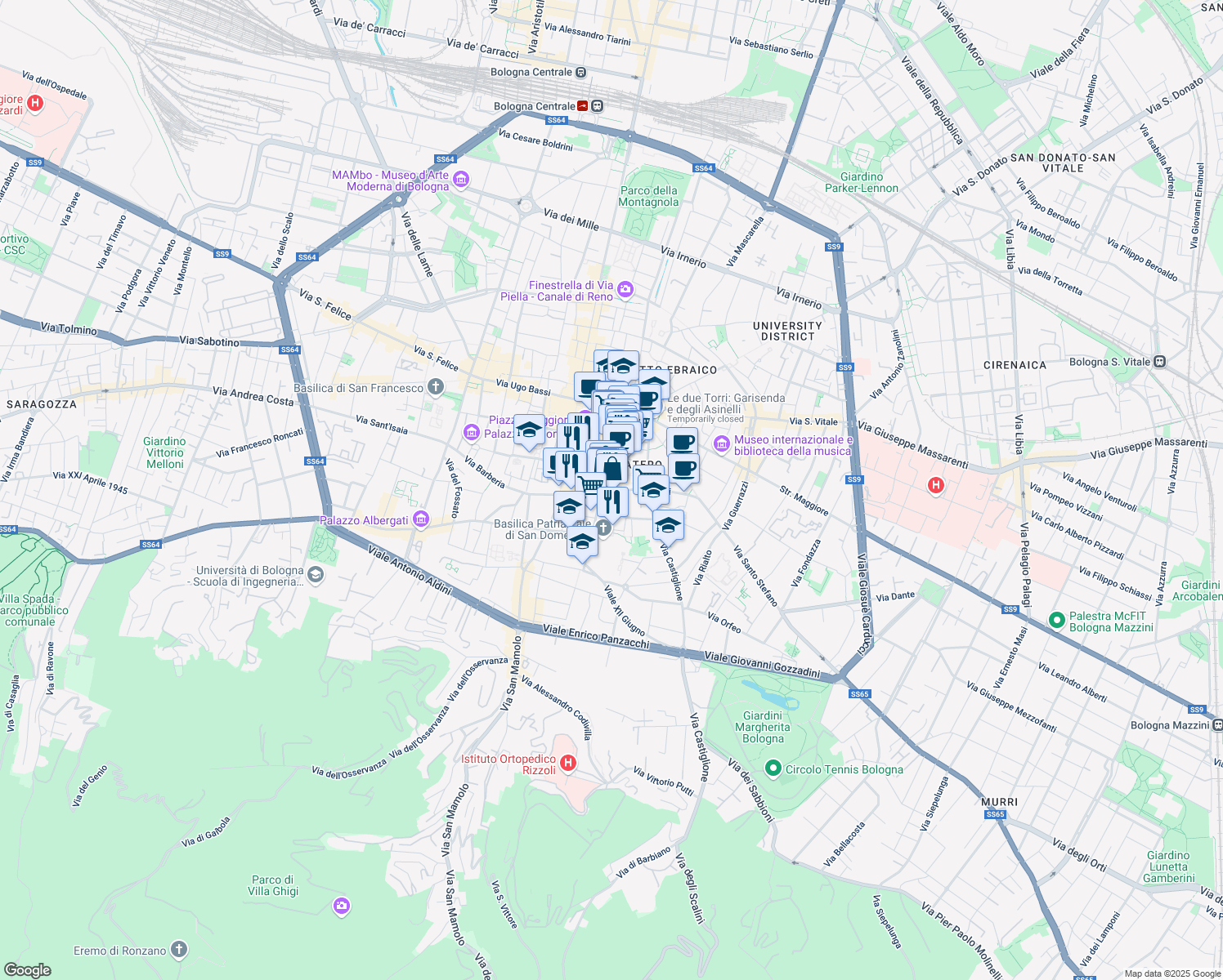 map of restaurants, bars, coffee shops, grocery stores, and more near 14 Via Farini in Bologna
