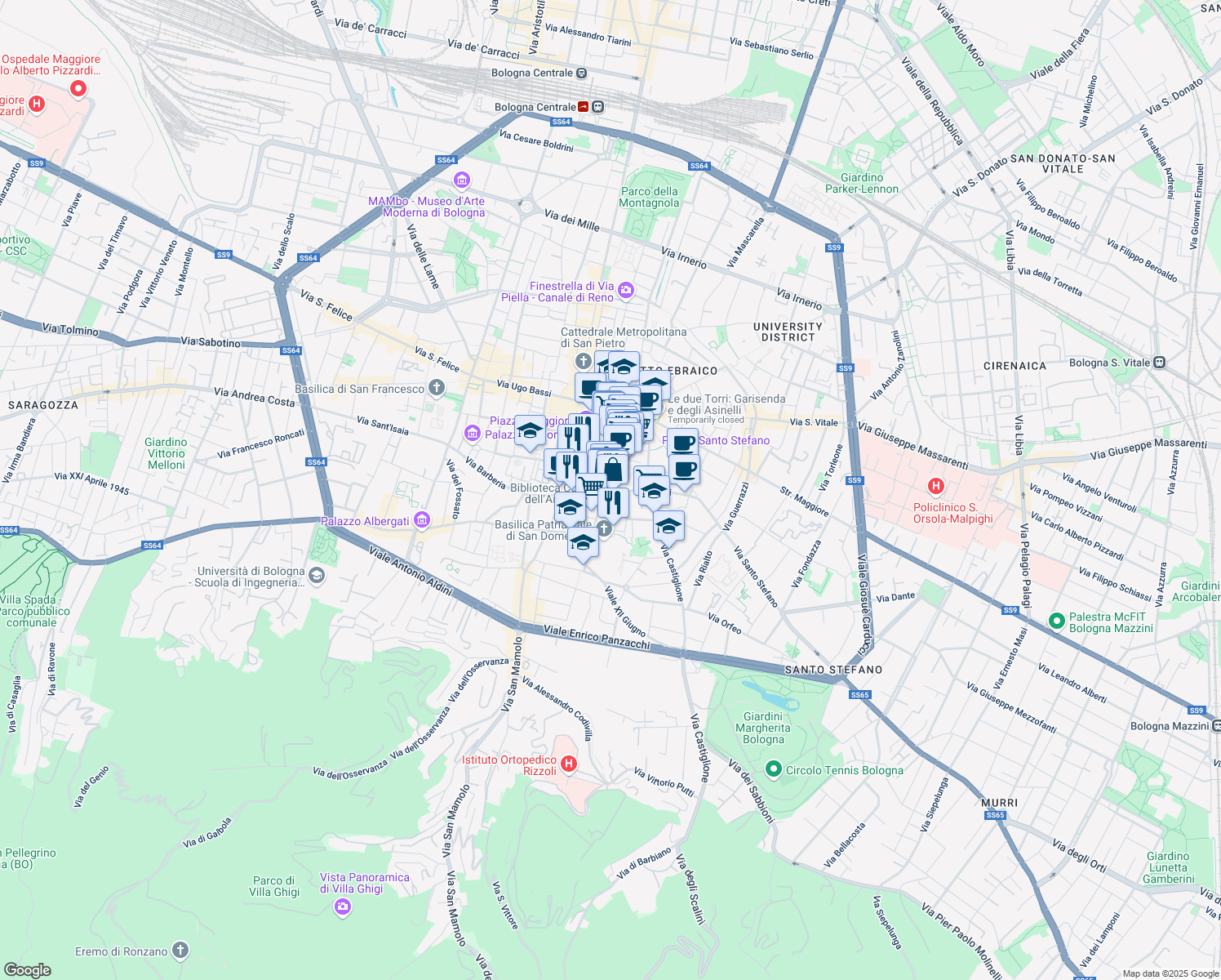 map of restaurants, bars, coffee shops, grocery stores, and more near 14 Via Farini in Bologna