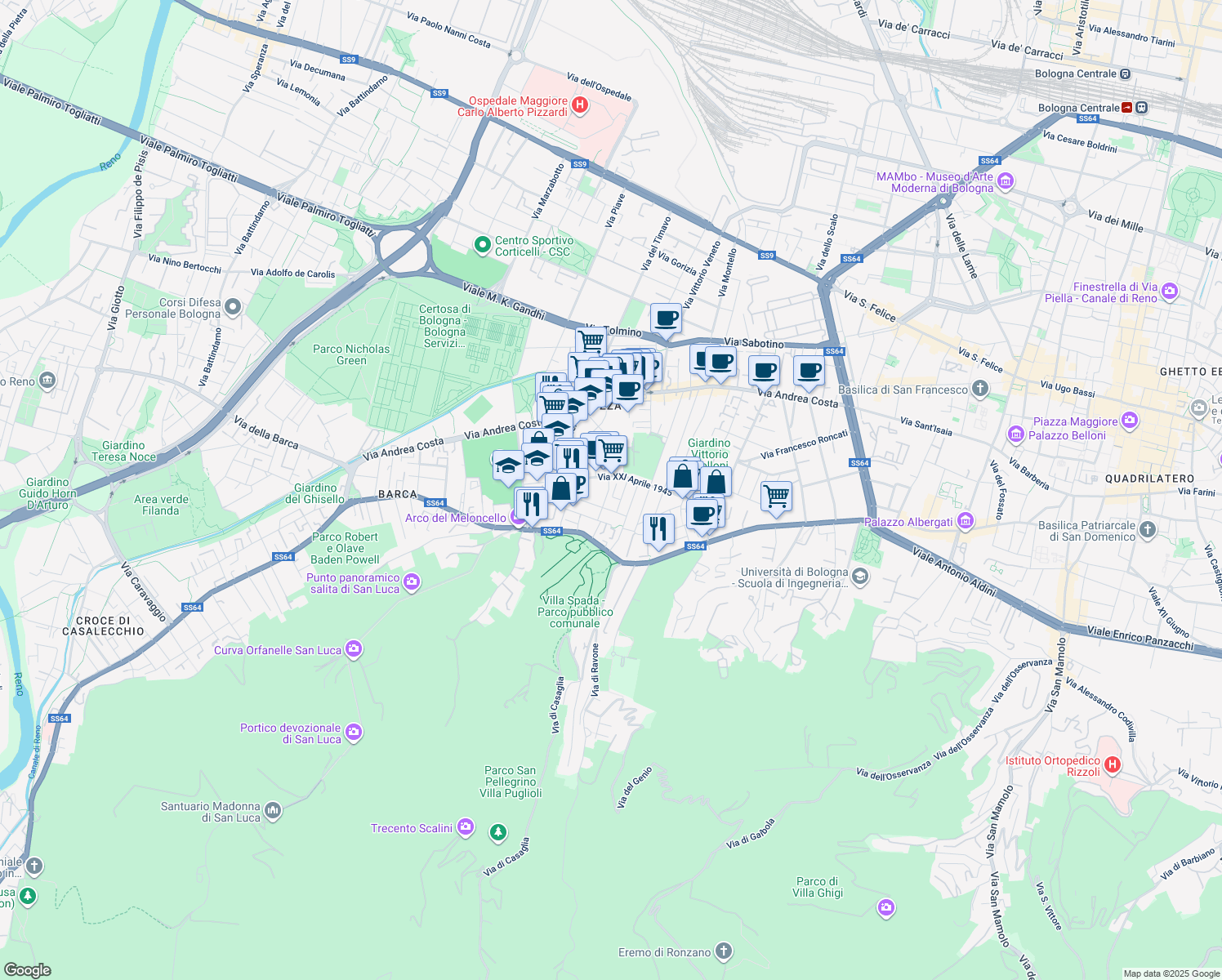 map of restaurants, bars, coffee shops, grocery stores, and more near 20 Via Mario Bastia in Bologna