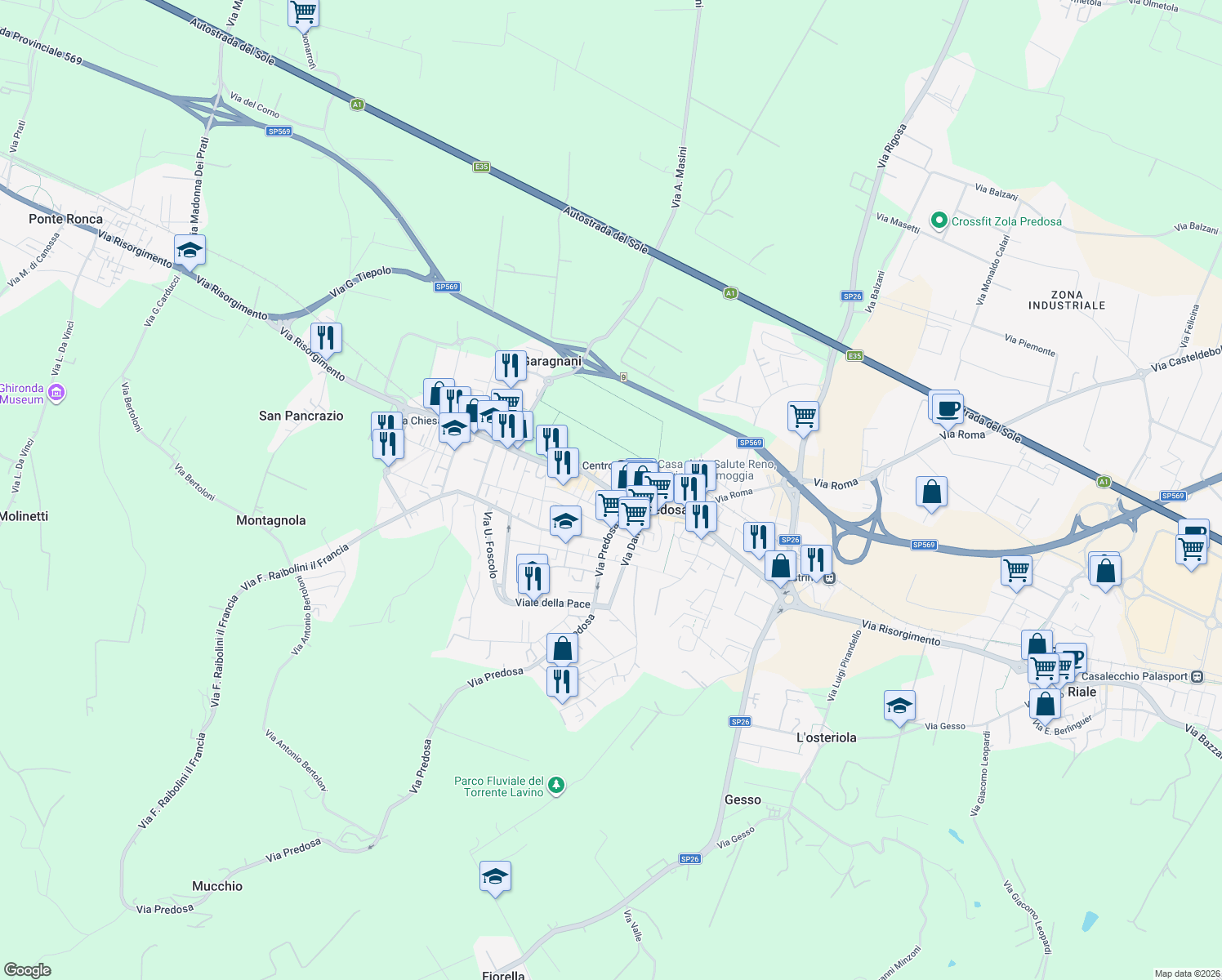 map of restaurants, bars, coffee shops, grocery stores, and more near 302 Via Risorgimento in Zola