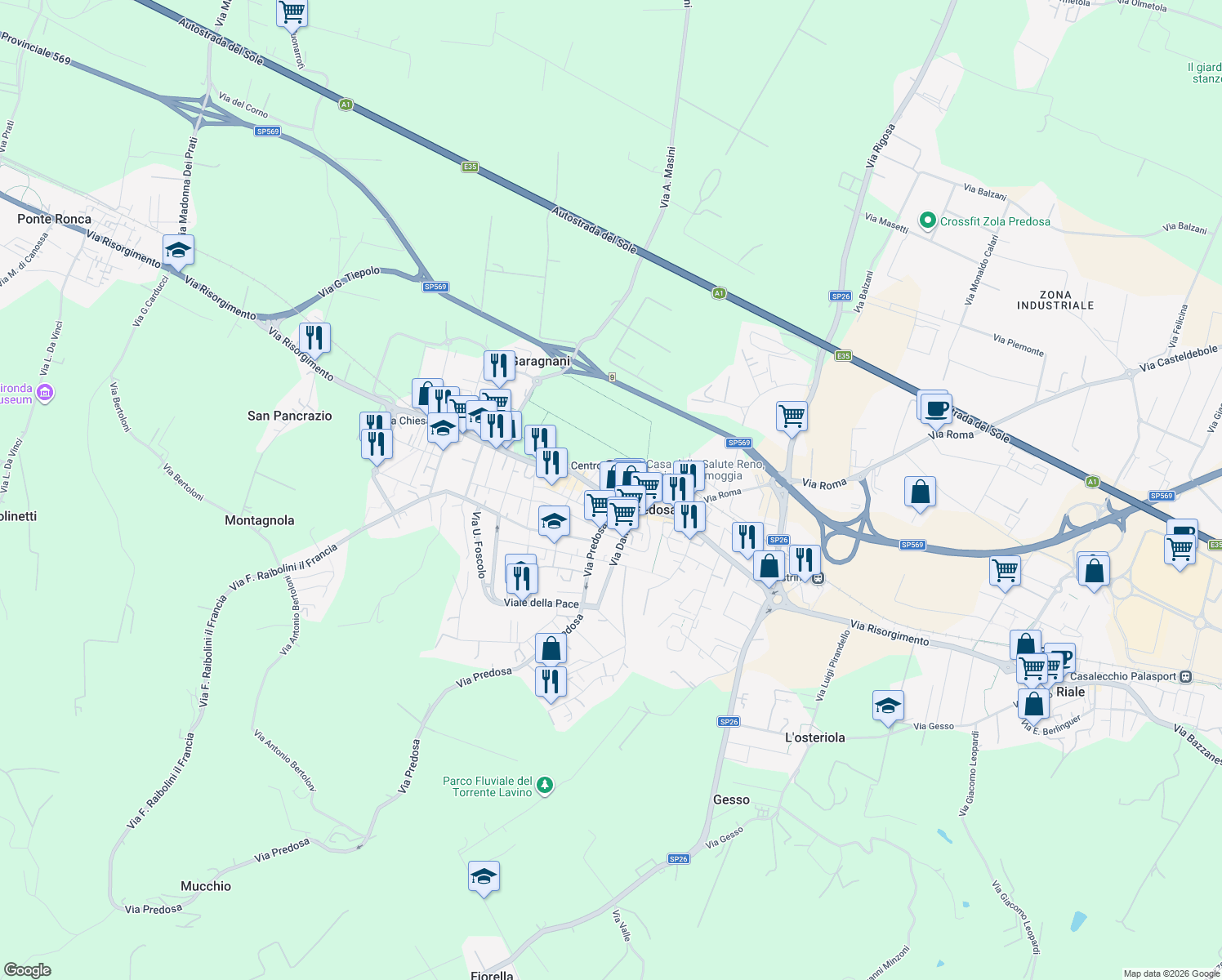 map of restaurants, bars, coffee shops, grocery stores, and more near 302 Via Risorgimento in Zola