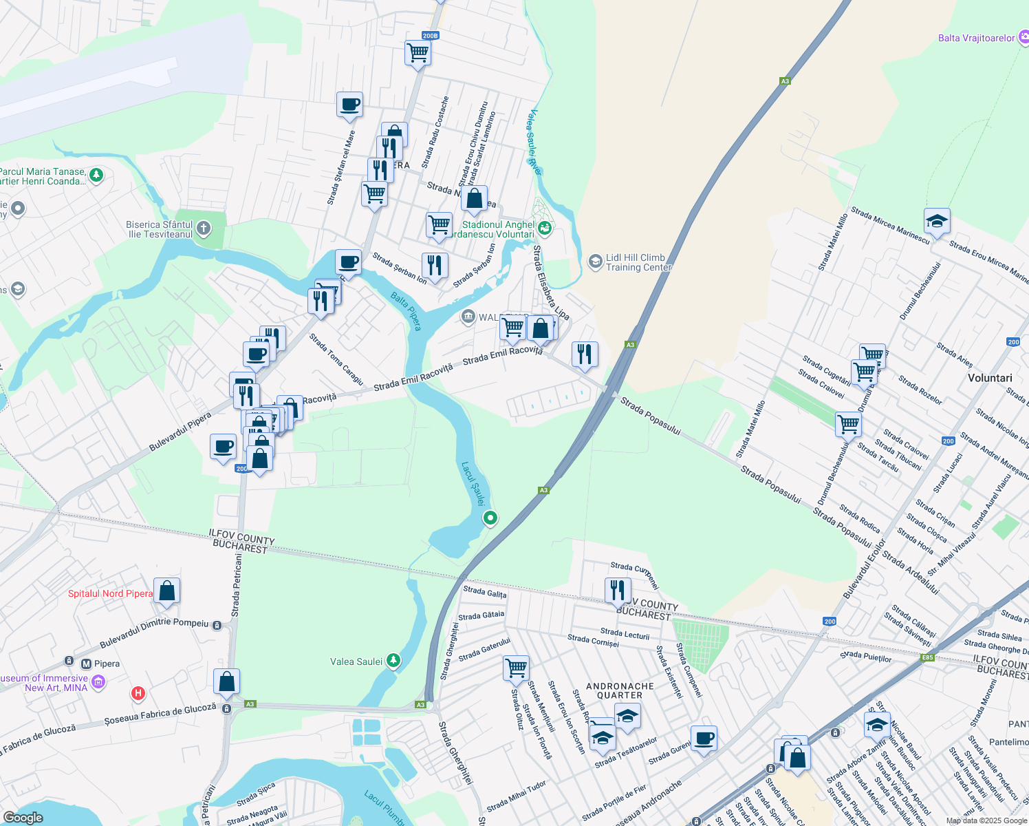 map of restaurants, bars, coffee shops, grocery stores, and more near 70 Strada Emil Racoviță in Voluntari