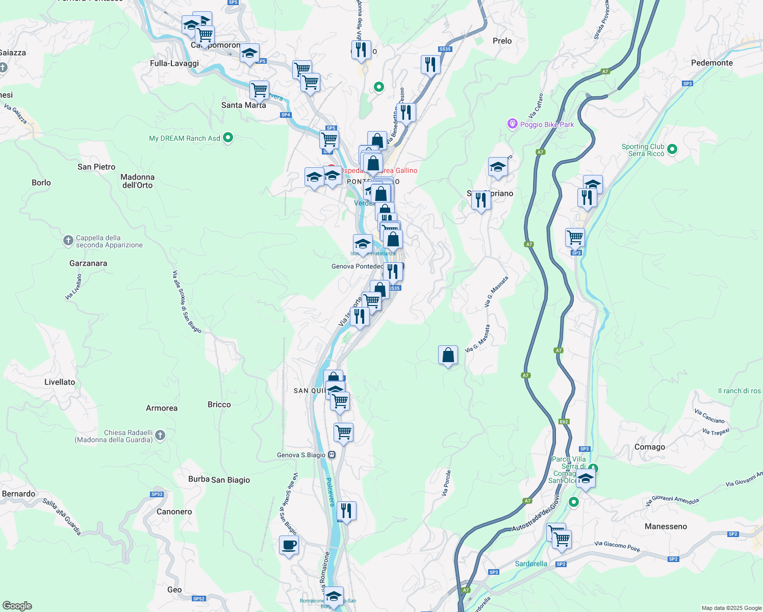 map of restaurants, bars, coffee shops, grocery stores, and more near 28 Via Paolo Anfossi in Genova