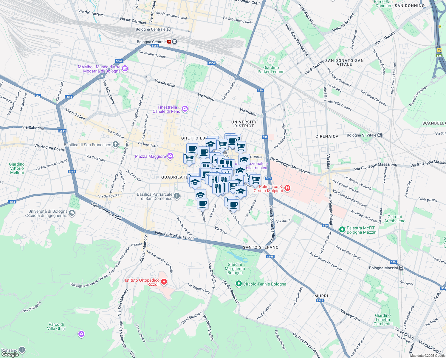 map of restaurants, bars, coffee shops, grocery stores, and more near 8 Via Borgonuovo in Bologna