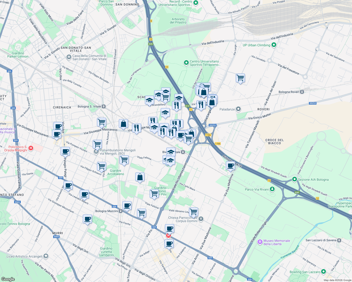 map of restaurants, bars, coffee shops, grocery stores, and more near 1-9 Via Guelfa in Bologna