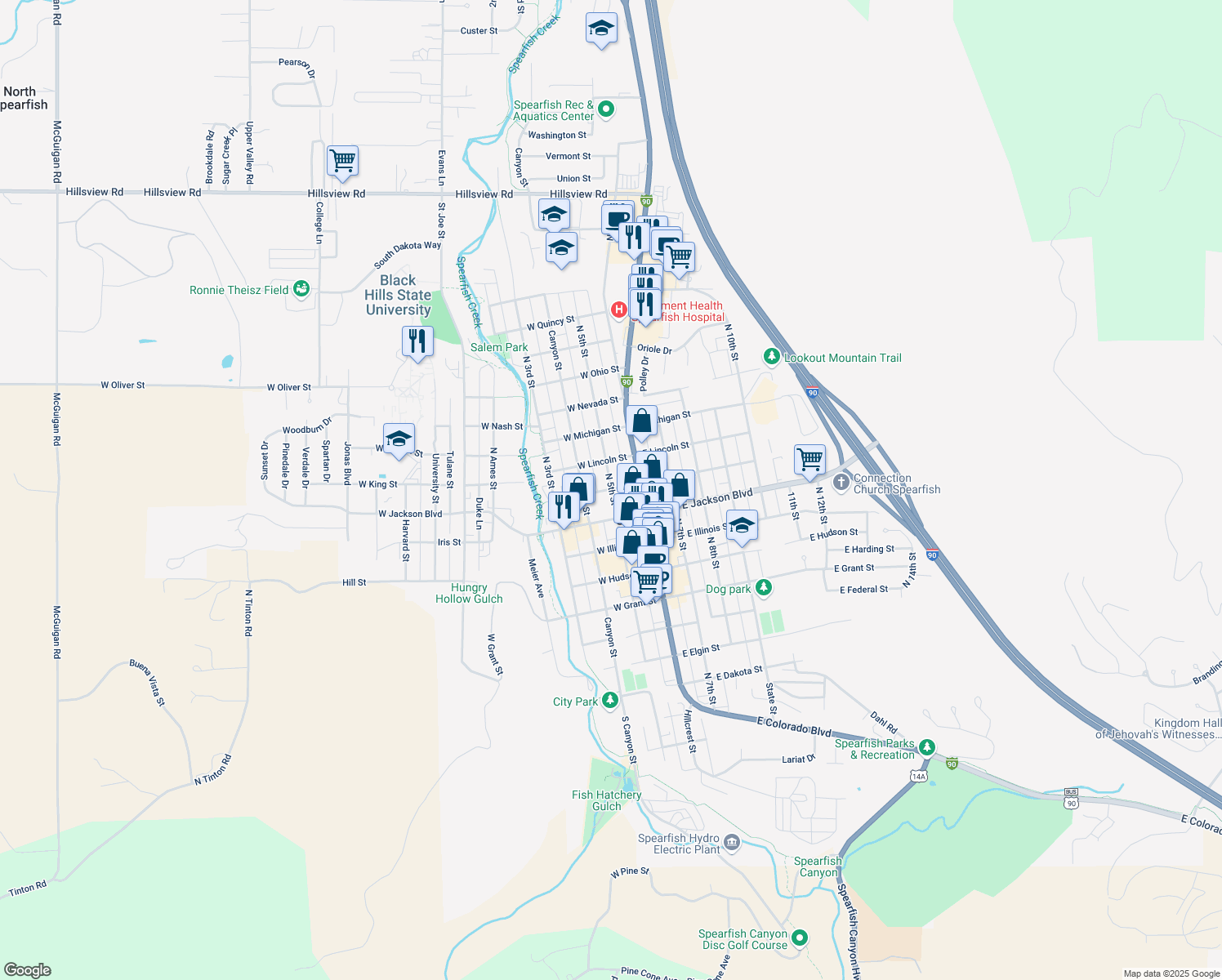 map of restaurants, bars, coffee shops, grocery stores, and more near 899 North 5th Street in Spearfish