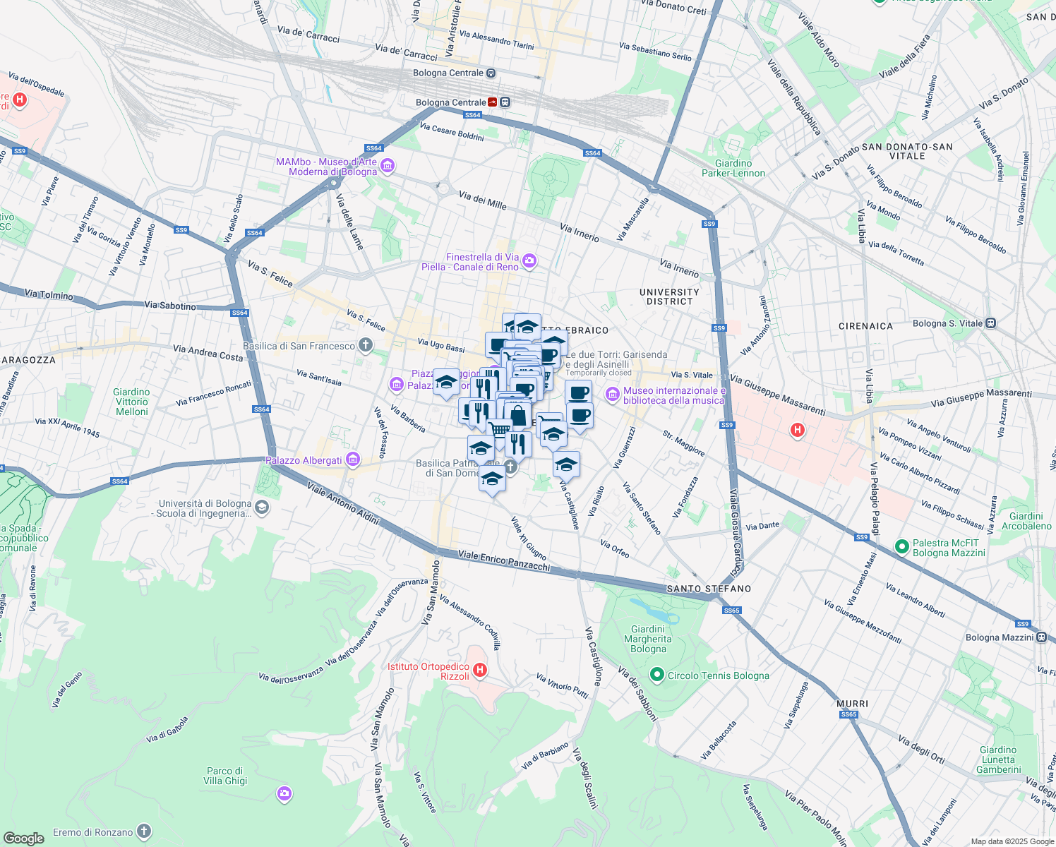 map of restaurants, bars, coffee shops, grocery stores, and more near 3A Piazza Minghetti in Bologna