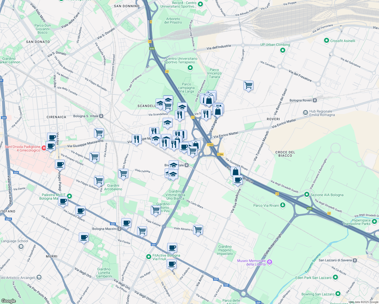 map of restaurants, bars, coffee shops, grocery stores, and more near 9 Via Guelfa in Bologna