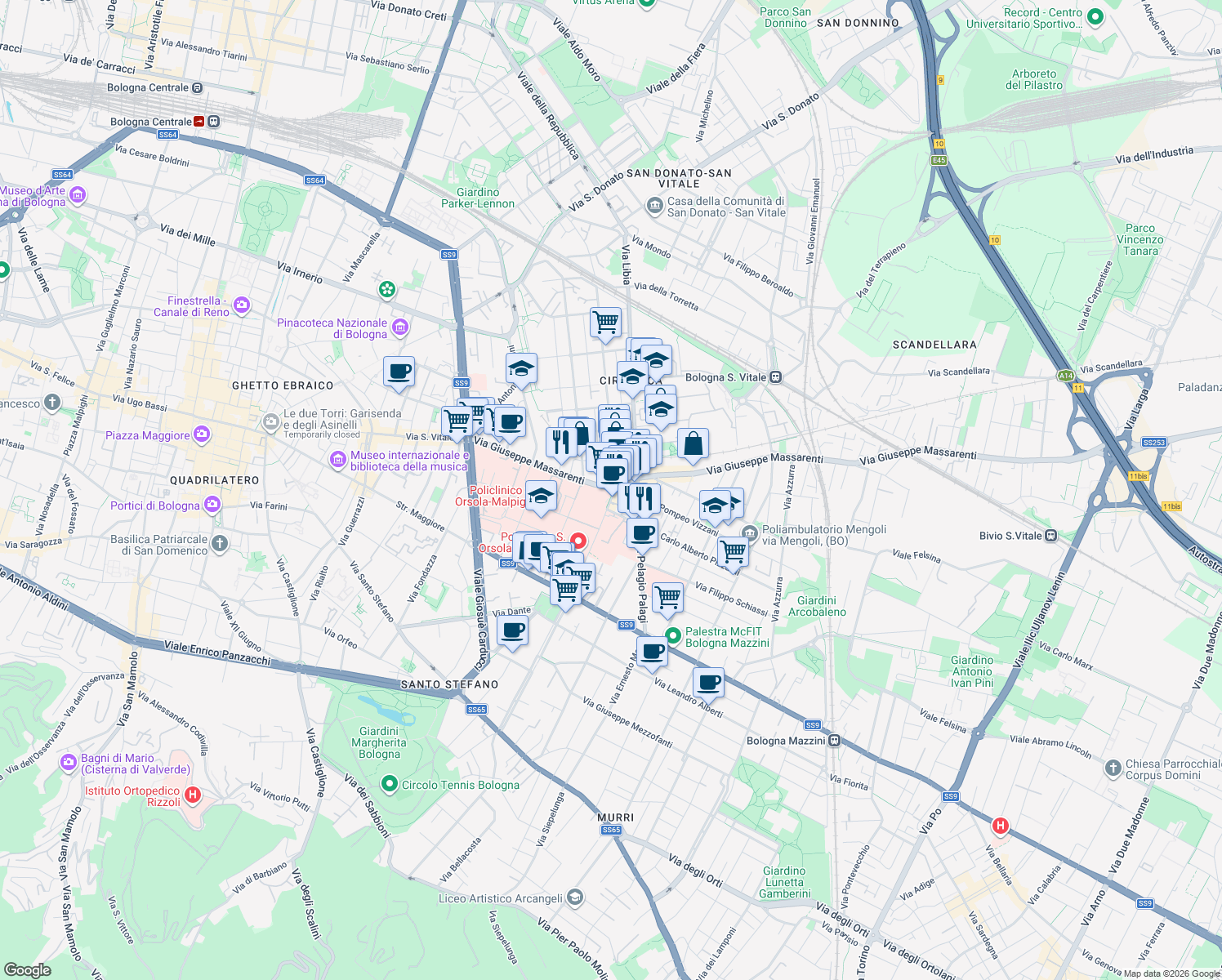 map of restaurants, bars, coffee shops, grocery stores, and more near 8 Via Carlo Alberto Pizzardi in Bologna