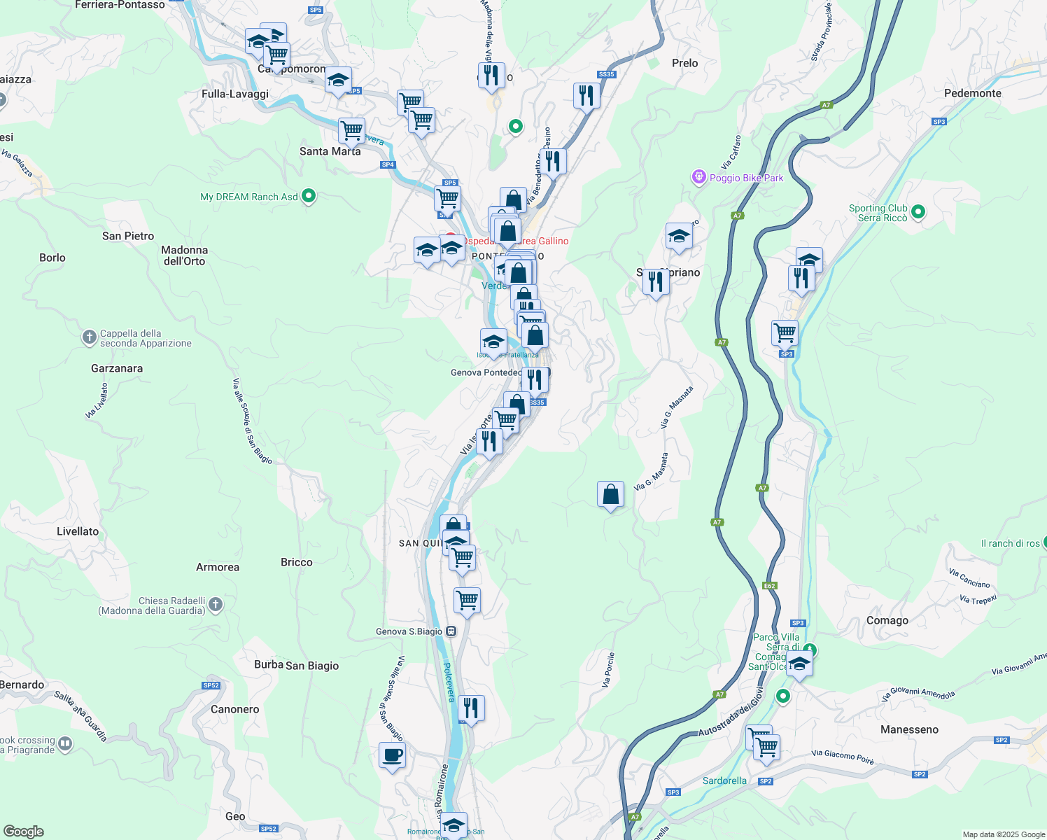 map of restaurants, bars, coffee shops, grocery stores, and more near 28 Via Paolo Anfossi in Genova