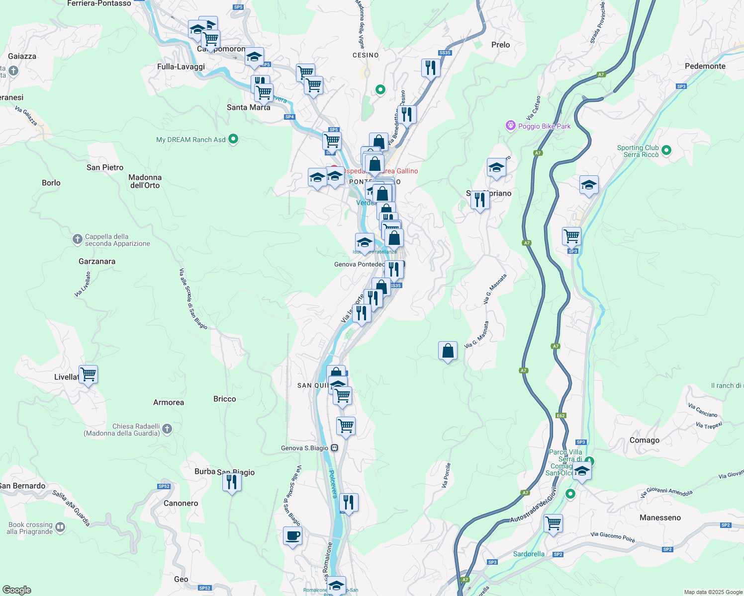 map of restaurants, bars, coffee shops, grocery stores, and more near Via delle Fonderie Grondona in Genova