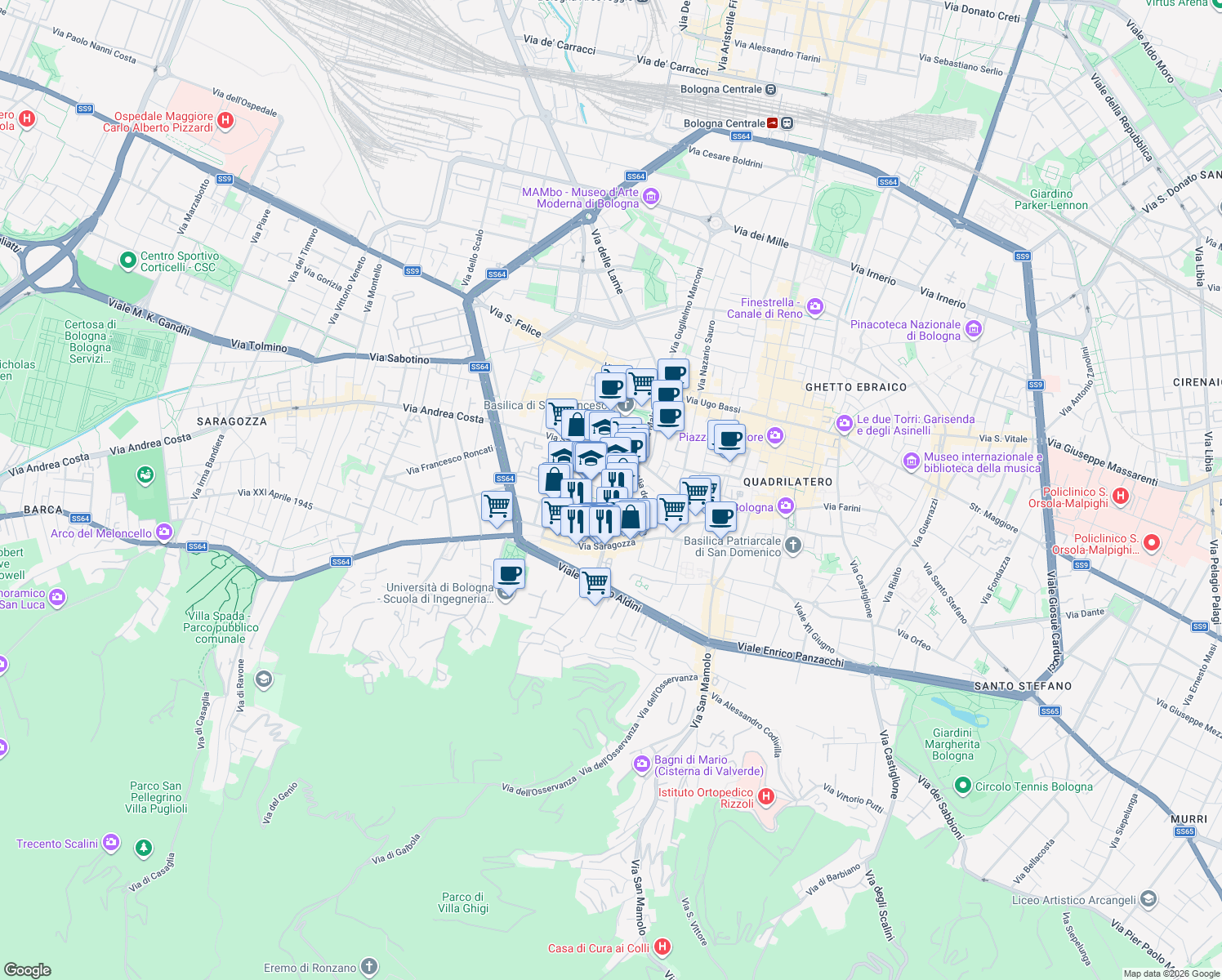 map of restaurants, bars, coffee shops, grocery stores, and more near 5 Via Ca' Selvatica in Bologna