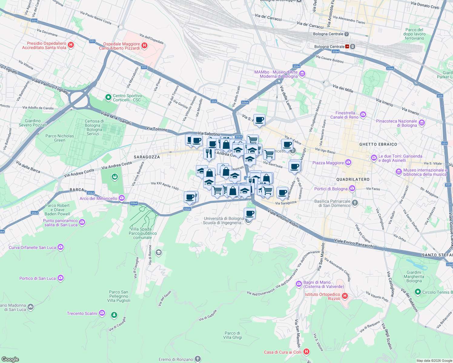 map of restaurants, bars, coffee shops, grocery stores, and more near 19 Via Giuseppe Galletti in Bologna