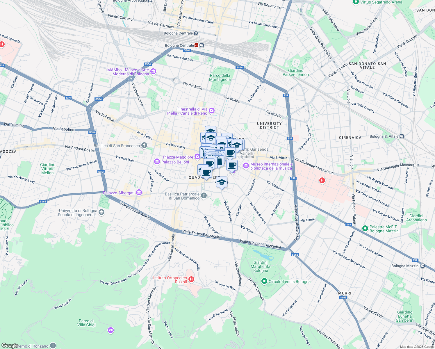map of restaurants, bars, coffee shops, grocery stores, and more near 1 Piazza del Francia in Bologna
