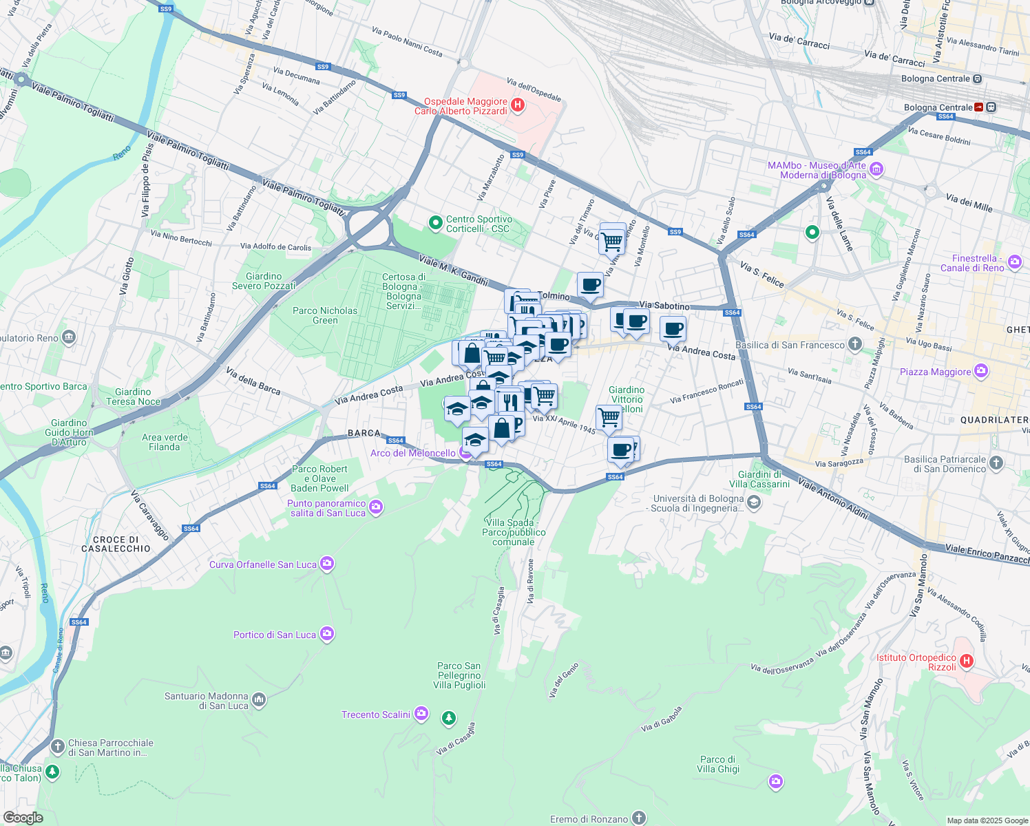 map of restaurants, bars, coffee shops, grocery stores, and more near 14 Via Giovanni Paolo Martini in Bologna