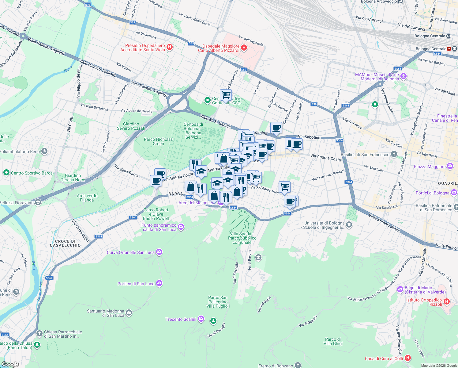 map of restaurants, bars, coffee shops, grocery stores, and more near 4 Piazza della Pace in Bologna