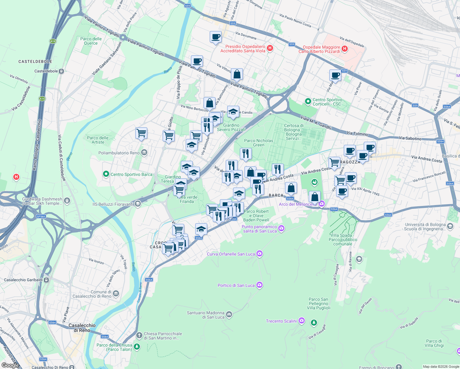 map of restaurants, bars, coffee shops, grocery stores, and more near 10 Via Francesco Paolo Michetti in Bologna