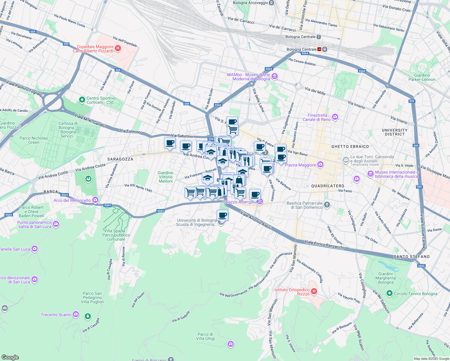 map of restaurants, bars, coffee shops, grocery stores, and more near 3 Viale Carlo Pepoli in Bologna