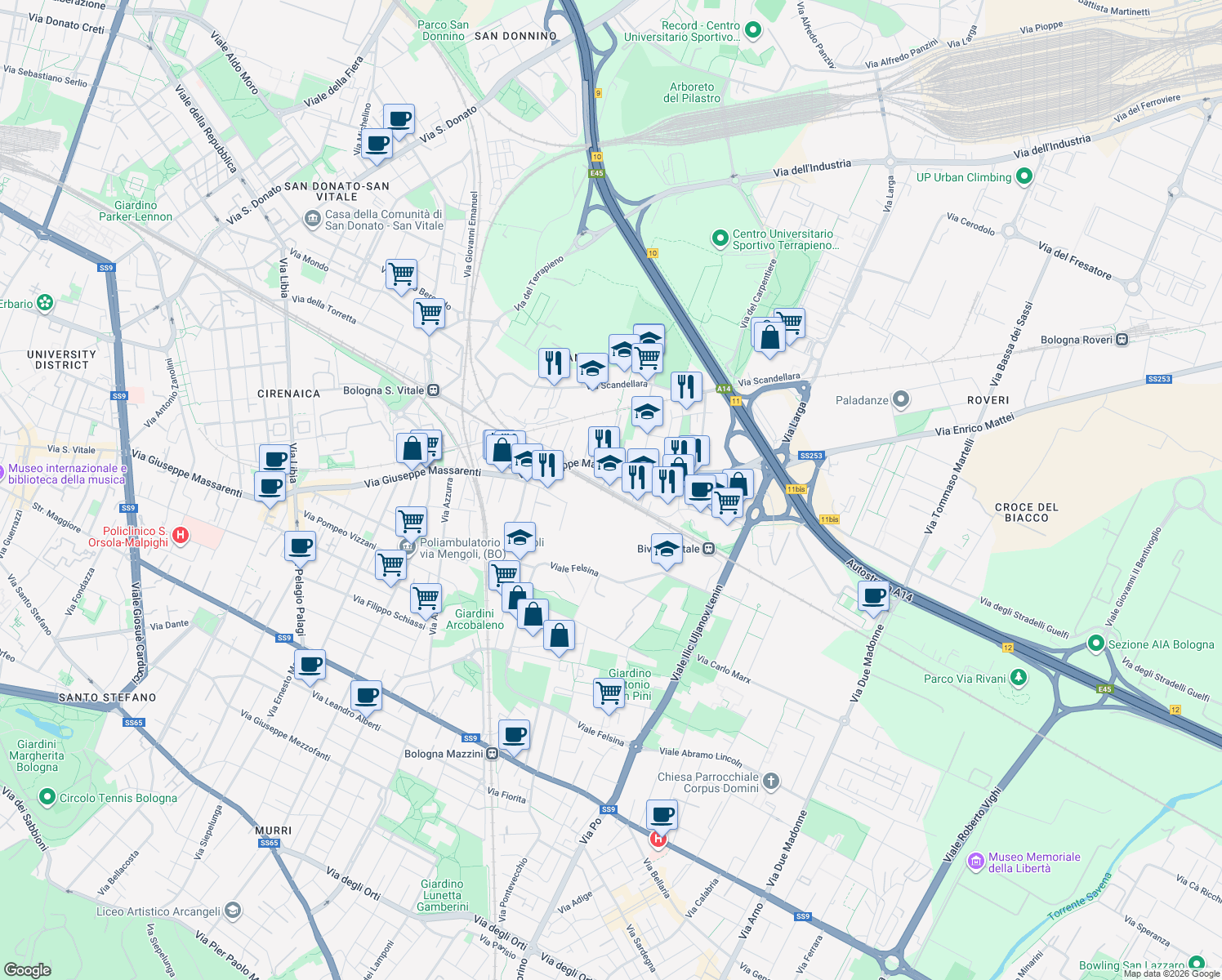 map of restaurants, bars, coffee shops, grocery stores, and more near 24 Via Guelfa in Bologna