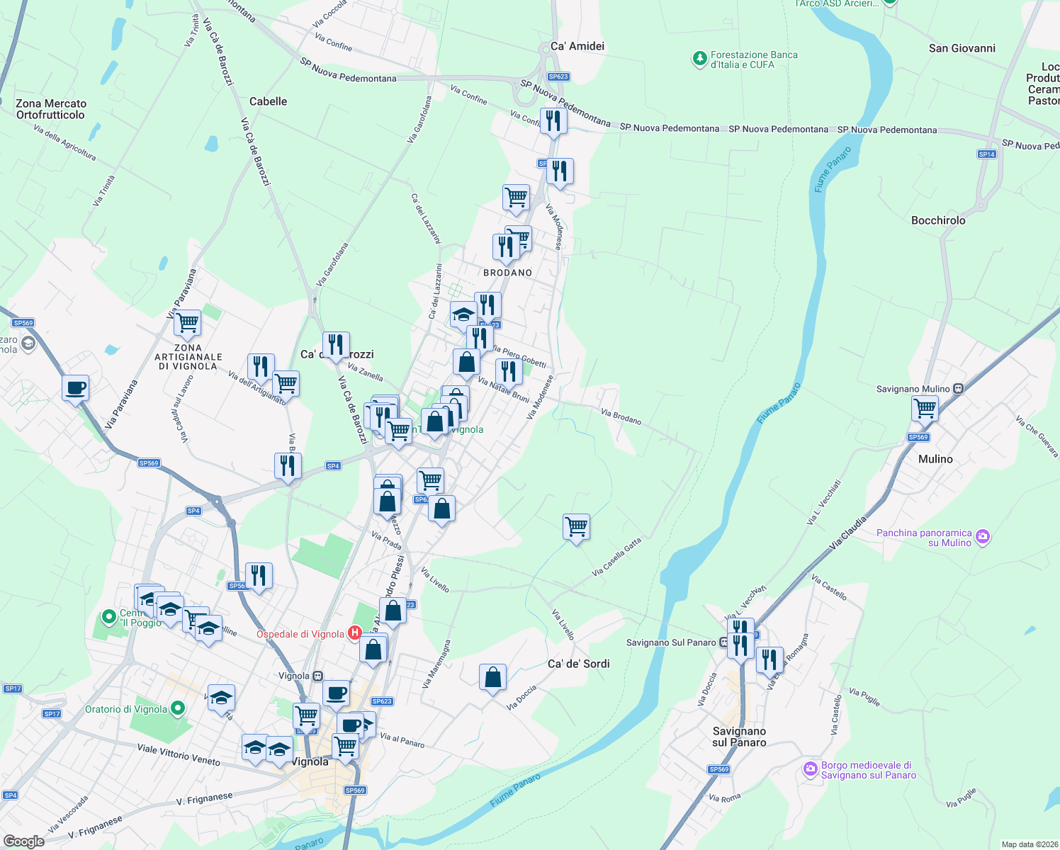 map of restaurants, bars, coffee shops, grocery stores, and more near 1263 Via Modenese in Vignola