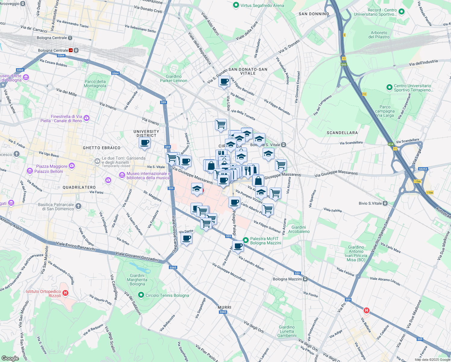 map of restaurants, bars, coffee shops, grocery stores, and more near 8 Via Libia in Bologna