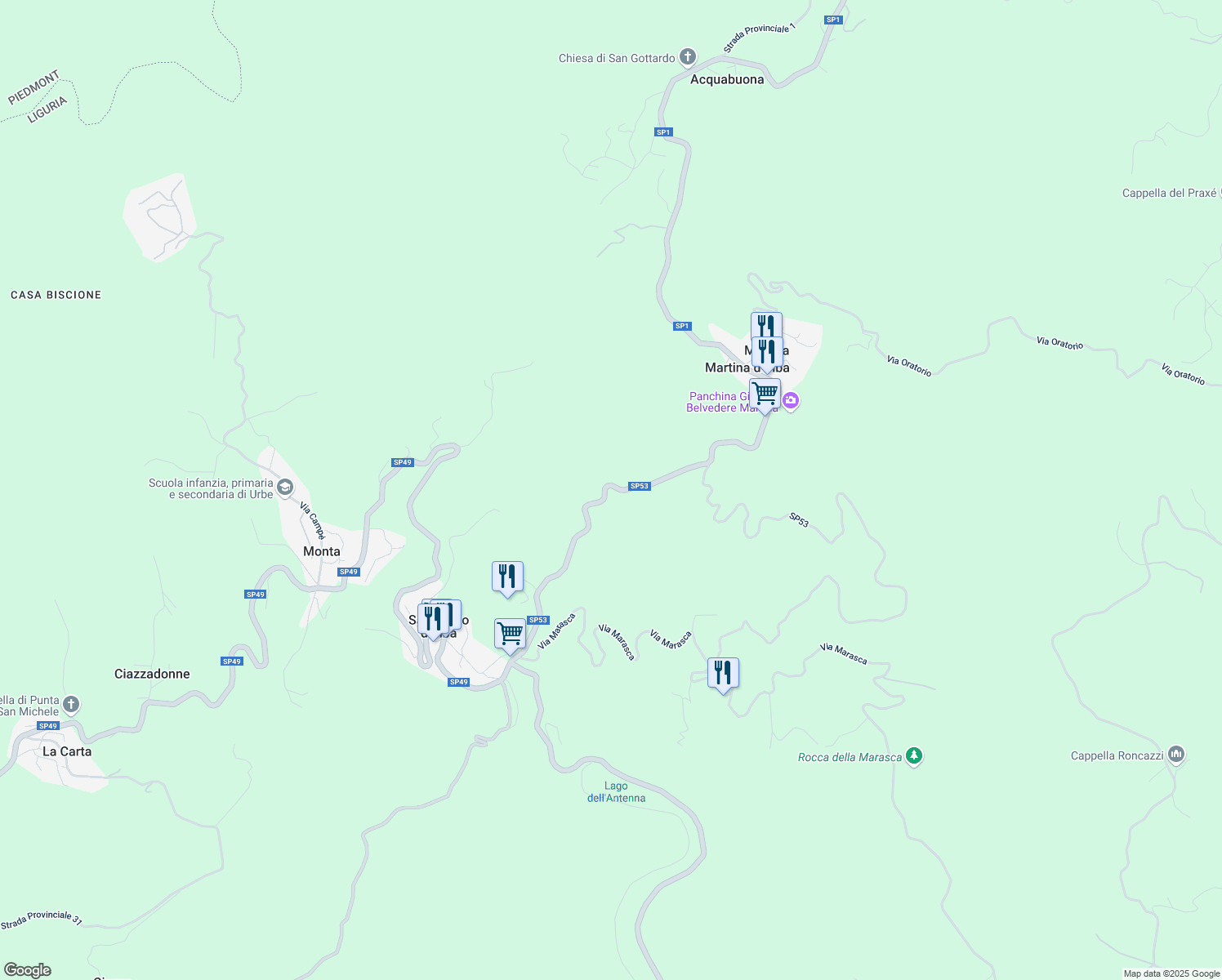 map of restaurants, bars, coffee shops, grocery stores, and more near 65 Strada Provinciale 53 in Provincia di Savona