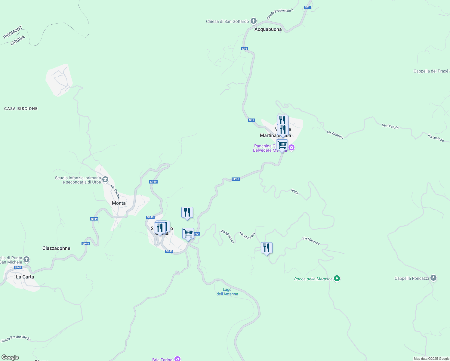 map of restaurants, bars, coffee shops, grocery stores, and more near 65 SP53 in Provincia di Savona